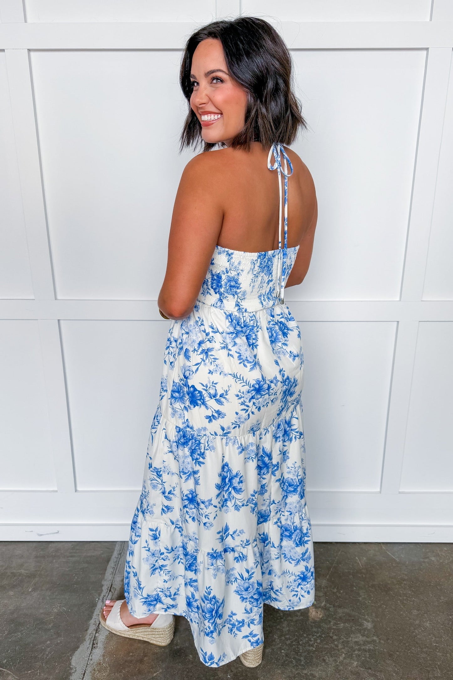 Summer in Bloom Halter Midi Dress in Blue Floral OMFORT