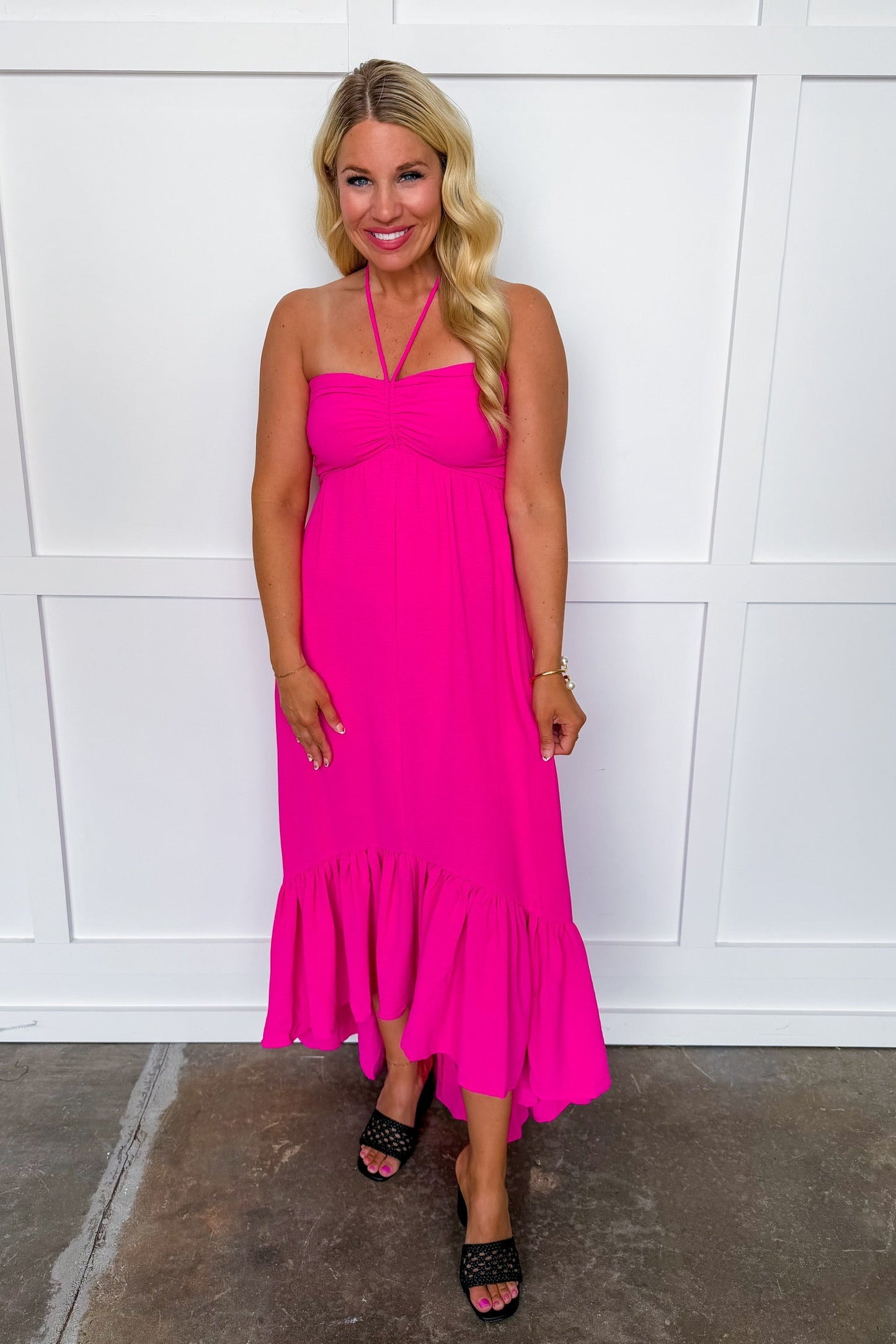 After Hours Halter Midi Dress in Fuchsia OMFORT