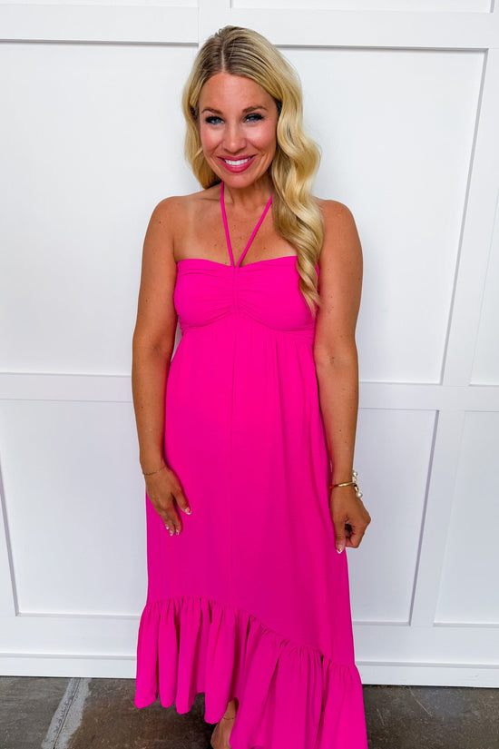 After Hours Halter Midi Dress in Fuchsia OMFORT