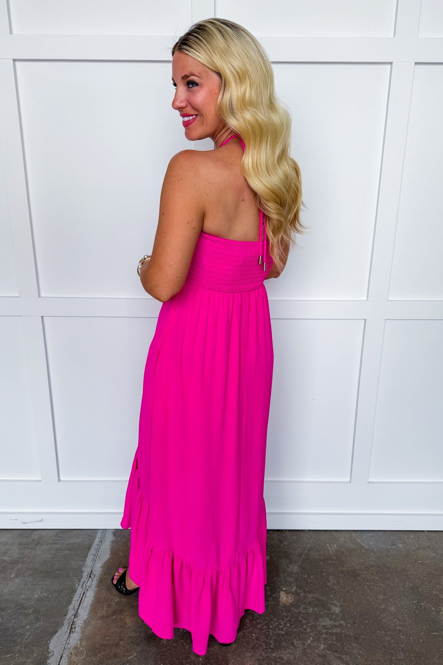 After Hours Halter Midi Dress in Fuchsia OMFORT