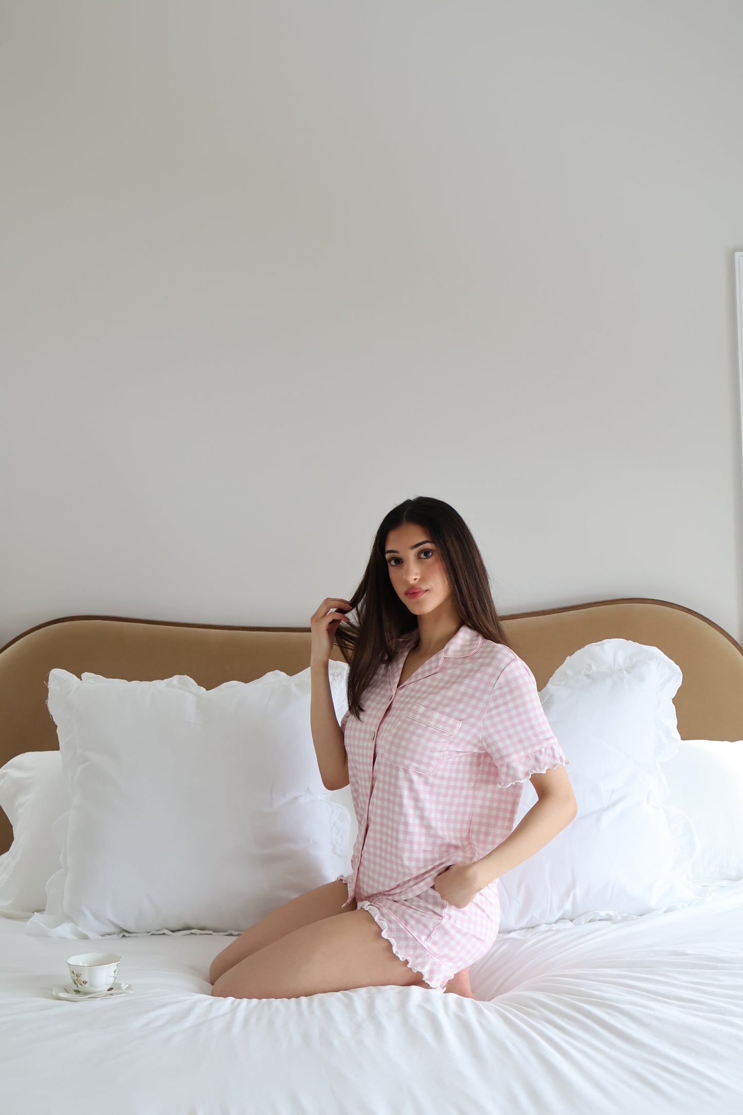 Ruffle Bamboo Short Set in Pink Gingham OMFORT
