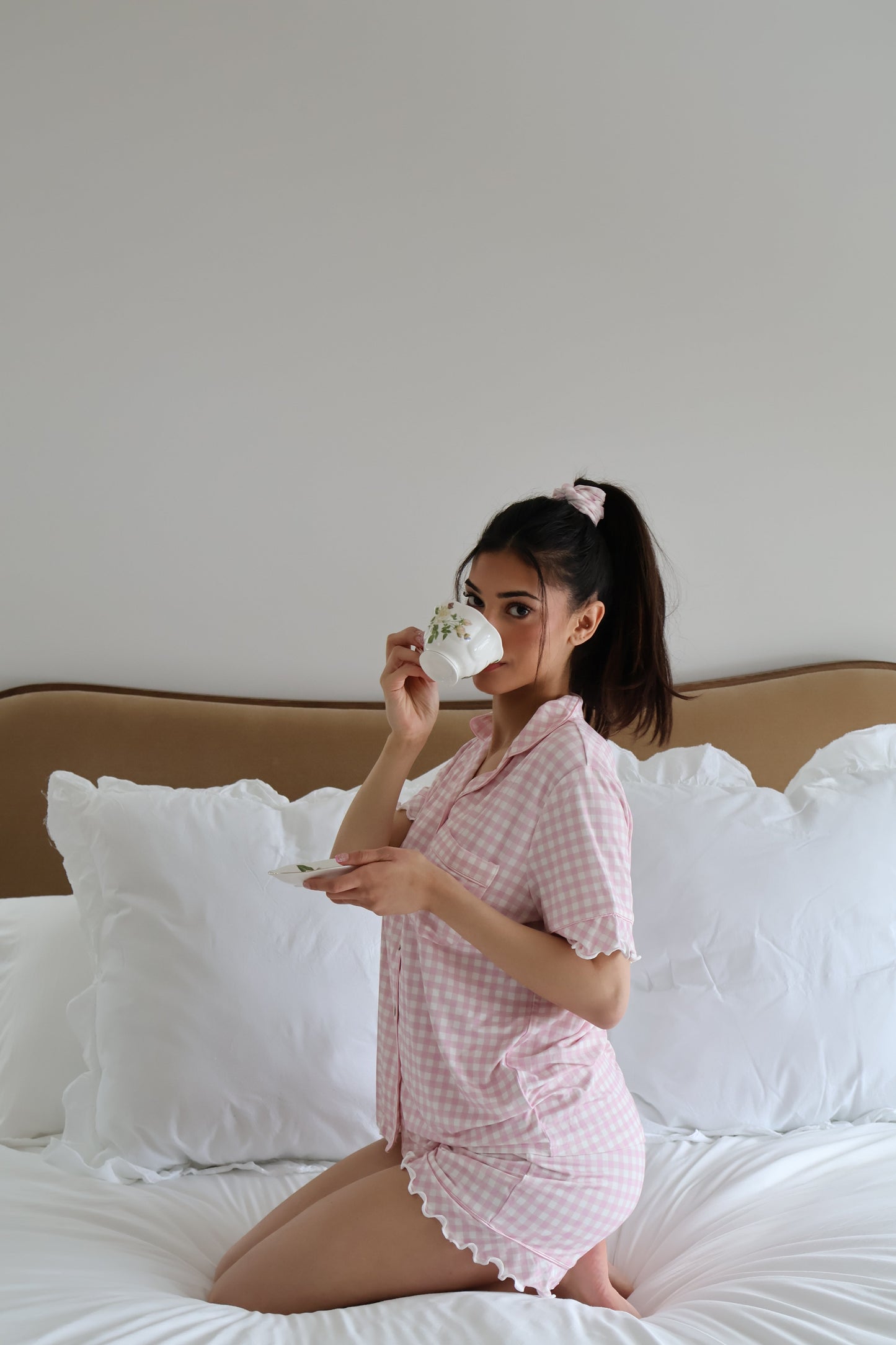 Ruffle Bamboo Short Set in Pink Gingham OMFORT
