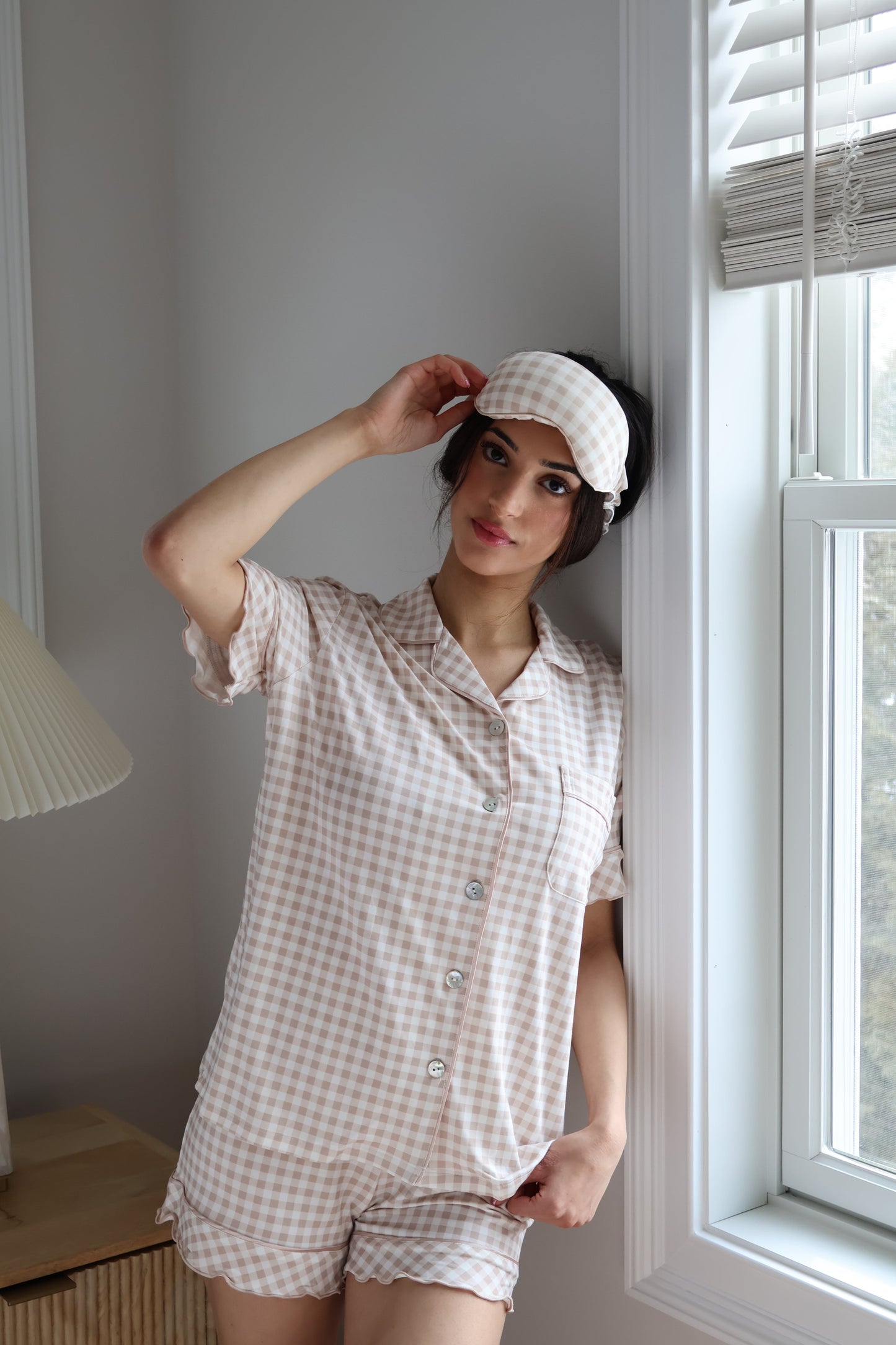 Ruffle Bamboo Short Set in Tan Gingham OMFORT