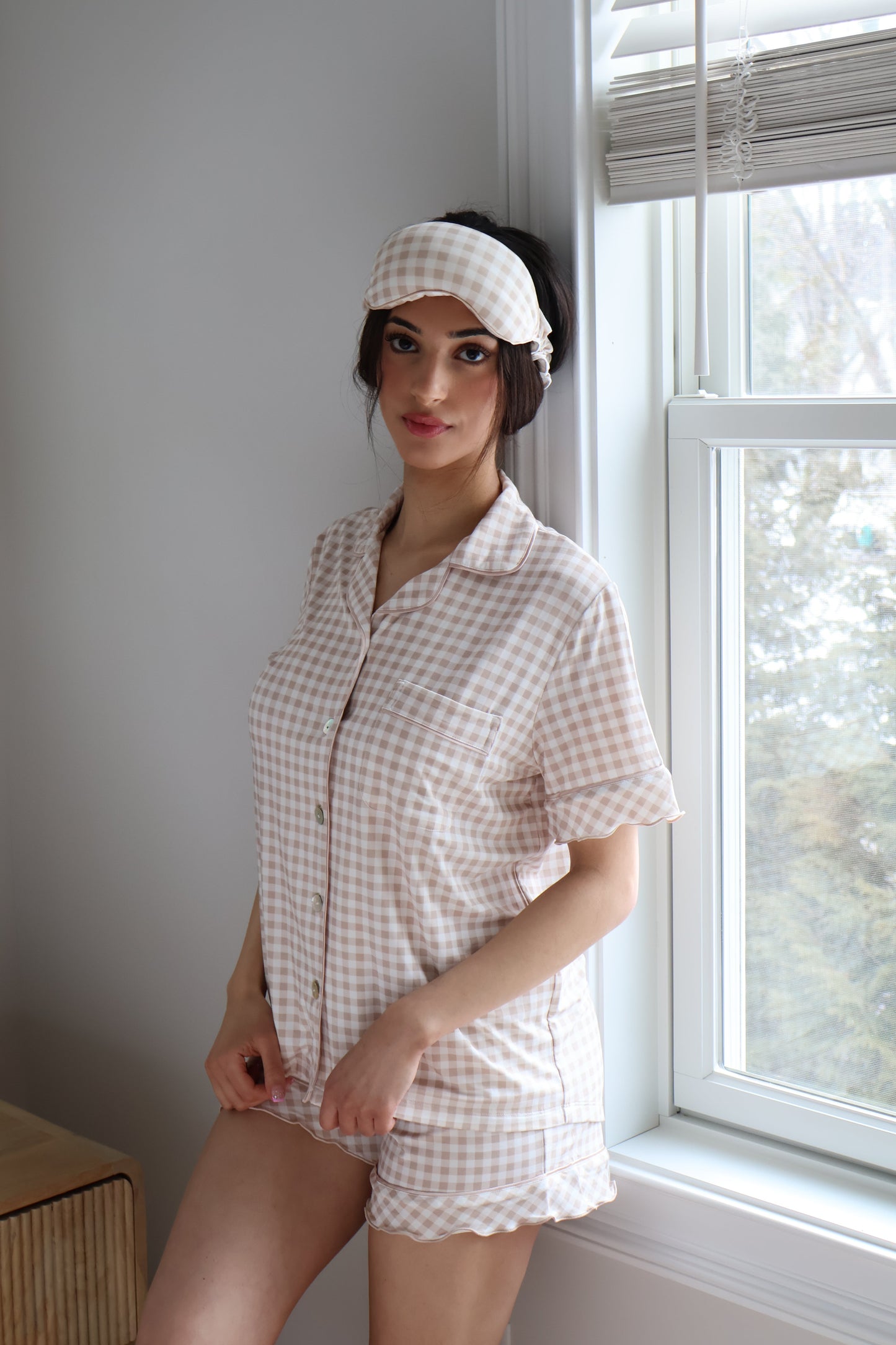Ruffle Bamboo Short Set in Tan Gingham OMFORT