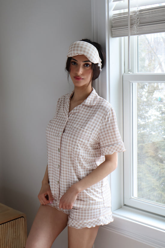 Ruffle Bamboo Short Set in Tan Gingham OMFORT