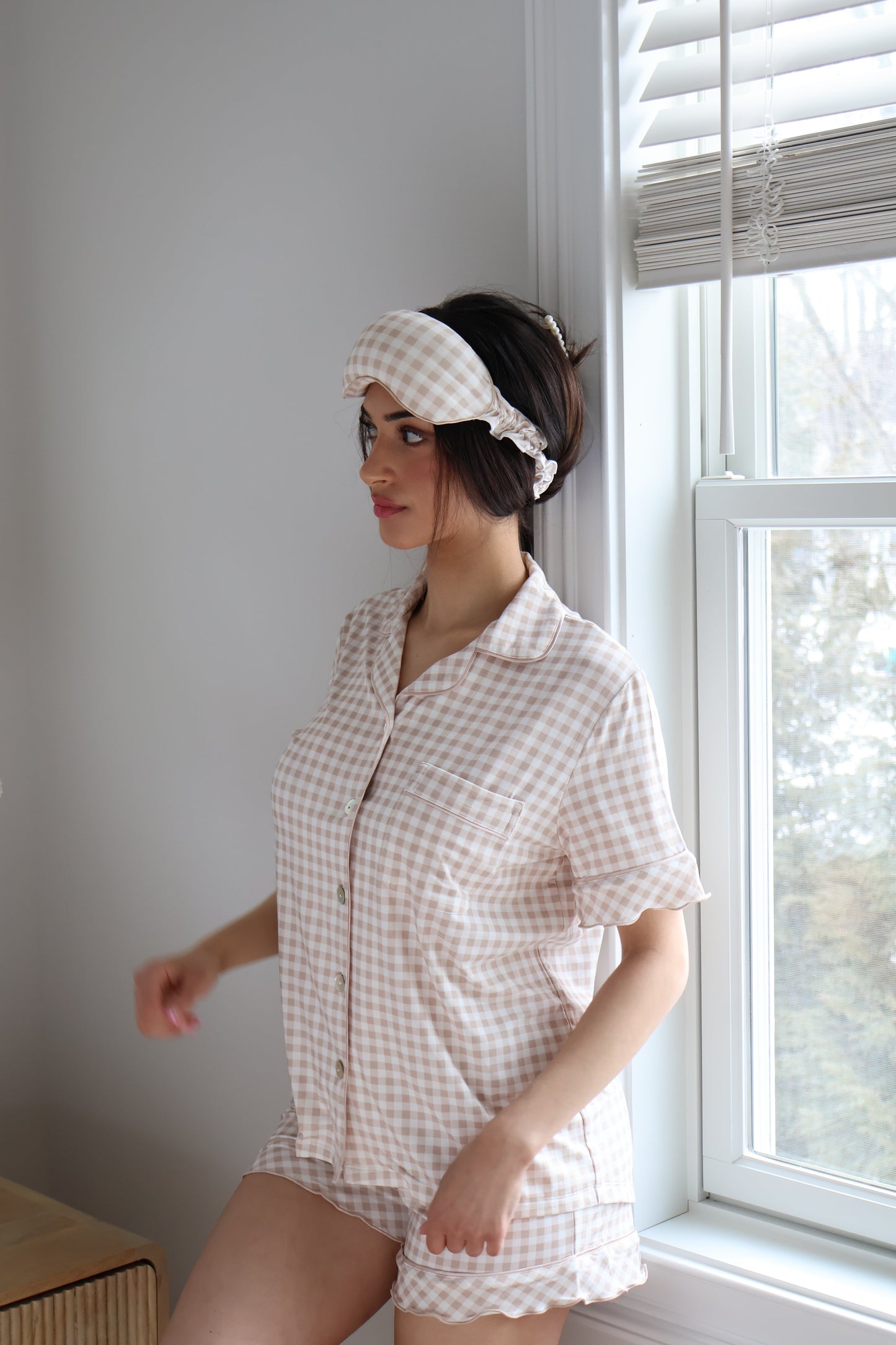Ruffle Bamboo Short Set in Tan Gingham OMFORT