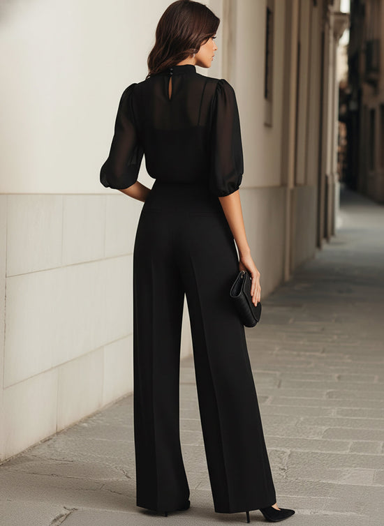 Black Chiffon Top And Wide Leg Pants Three Piece Set omfort