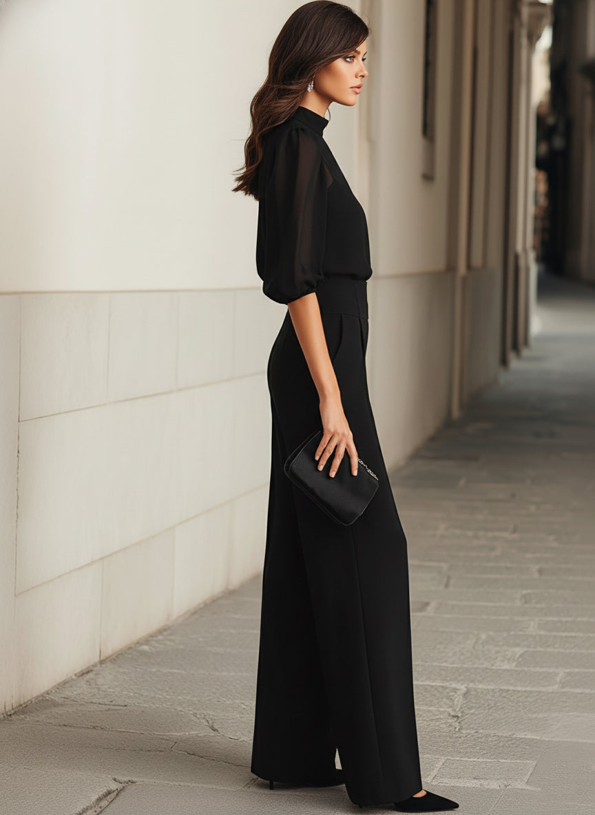 Black Chiffon Top And Wide Leg Pants Three Piece Set omfort