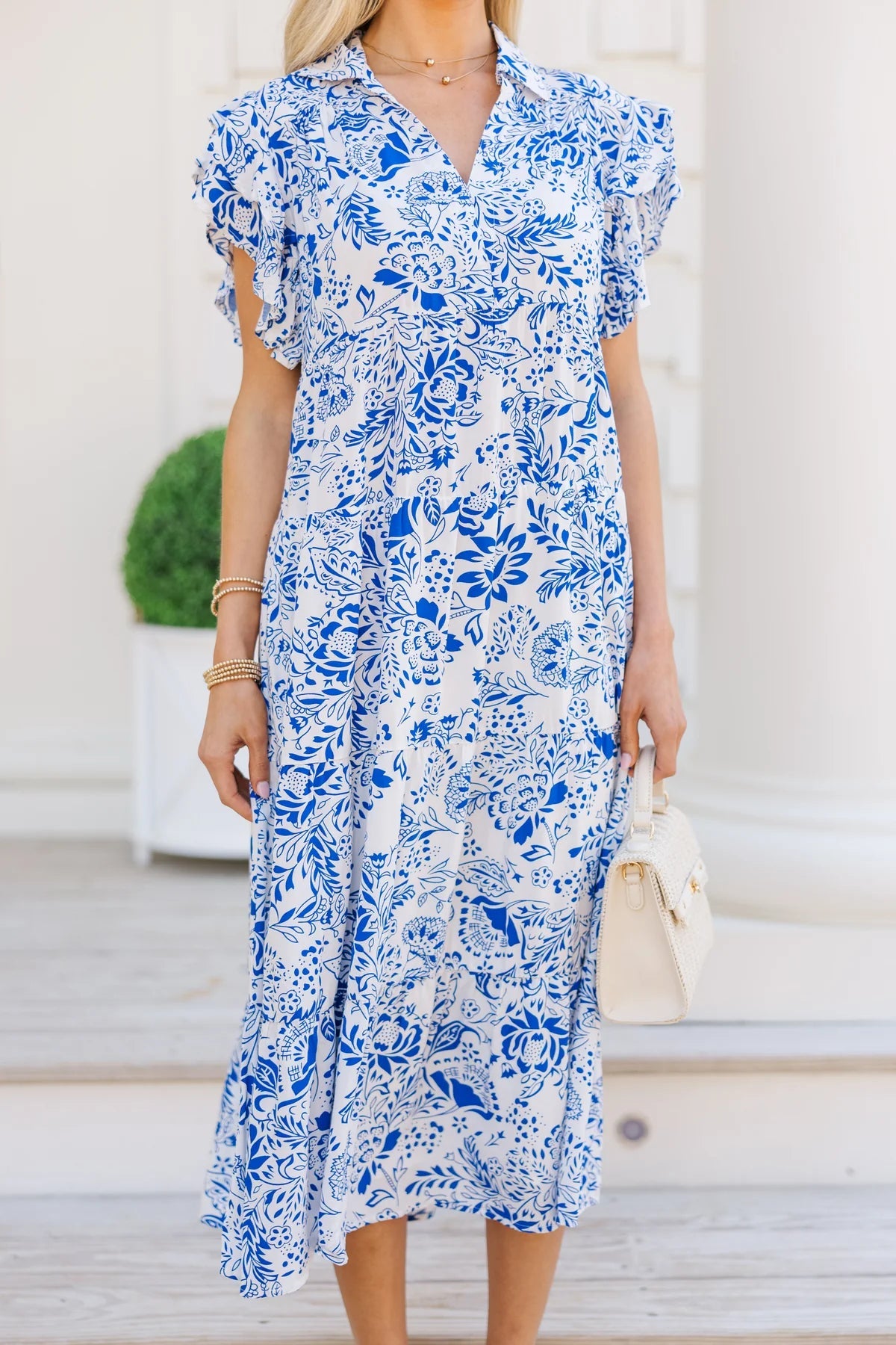Look You Up Blue Floral Ruffled Midi Dress OMFORT