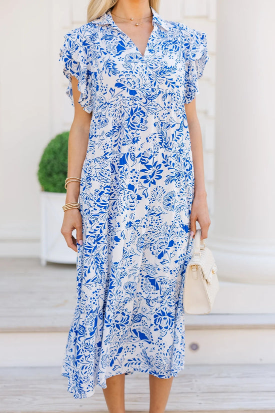Look You Up Blue Floral Ruffled Midi Dress OMFORT