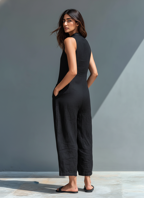Women's Minimalist Linen Blend Button-up Stand-collar Sleeveless Loose Jumpsuit MDZ2725A5Y mysite