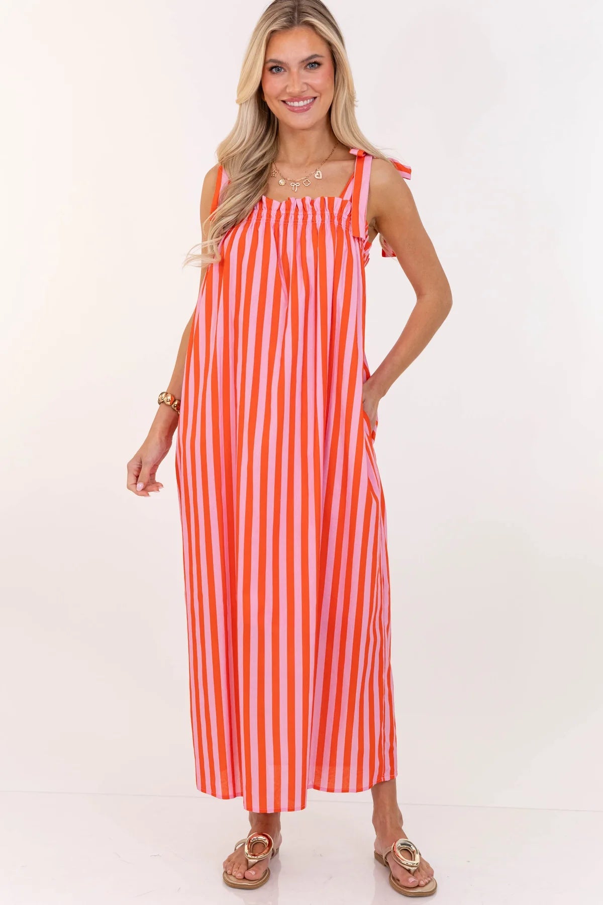 Made To Feel Good Red Striped Midi Dress OMFORT