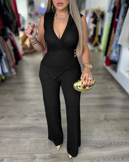2 Pieces Outfit Overlap Deep V-Neck Sleeveless Side Button Decor Asymmetrical Hem Slim Fit Top and Elastic Waist Wide Leg Pants Set Casual Ribbed Set OMFORT