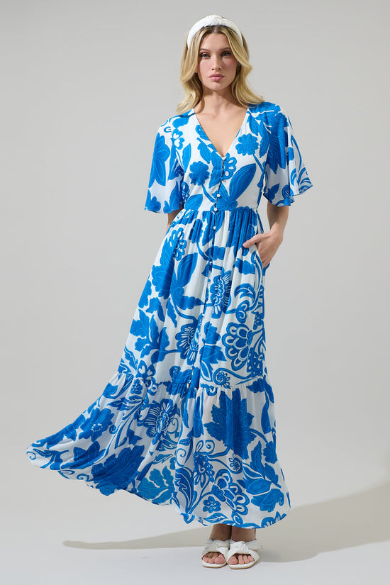 Iva Floral Pismo Button Down Flutter Maxi Dress OMFORT