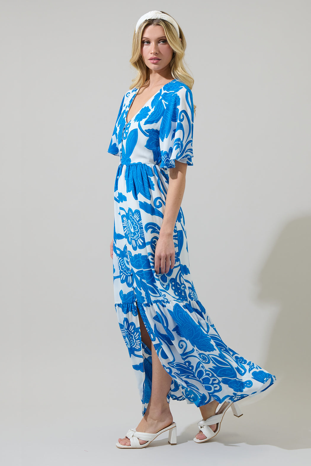 Iva Floral Pismo Button Down Flutter Maxi Dress OMFORT
