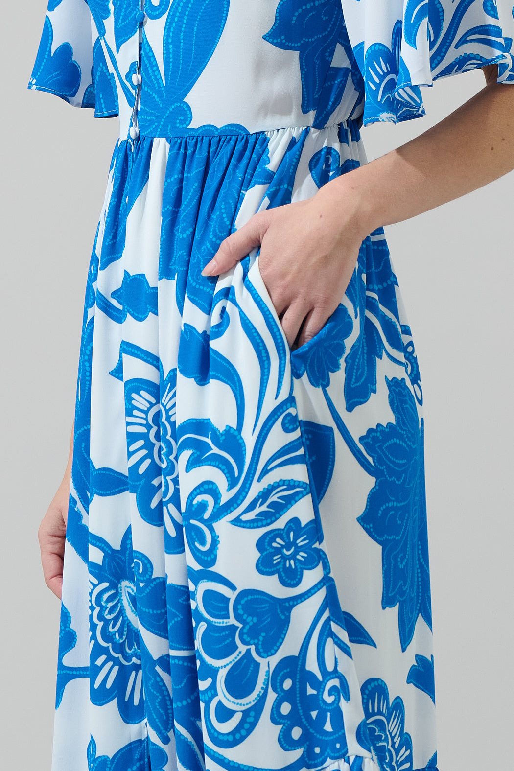Iva Floral Pismo Button Down Flutter Maxi Dress OMFORT