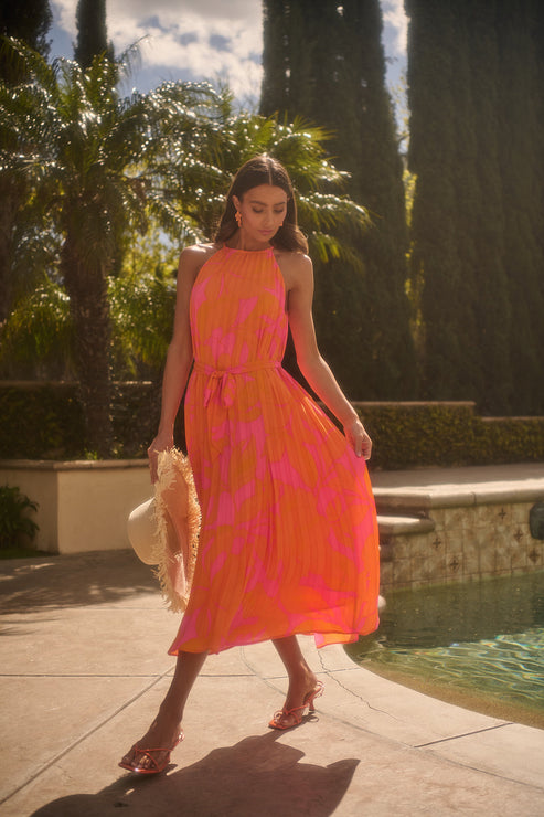 Mexia Floral Maly Pleated Midi Dress OMFORT