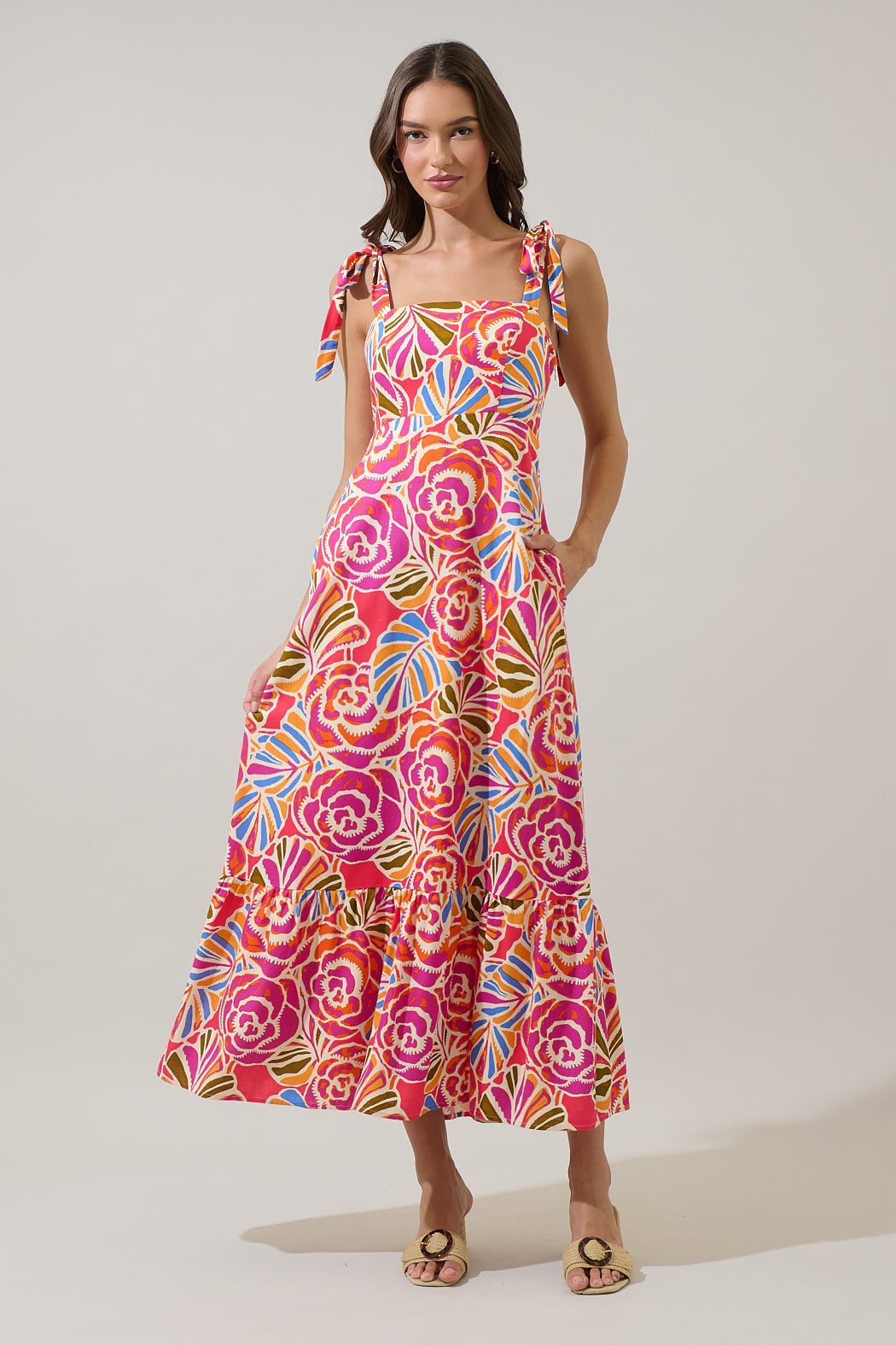 Nomi Floral Hendy Shoulder Tie Maxi Dress OMFORT