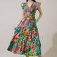 Lanai Multi Tropics Sunfire Smocked Bodice Tiered Midi Dress OMFORT