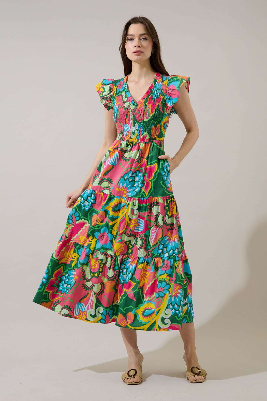 Lanai Multi Tropics Sunfire Smocked Bodice Tiered Midi Dress OMFORT