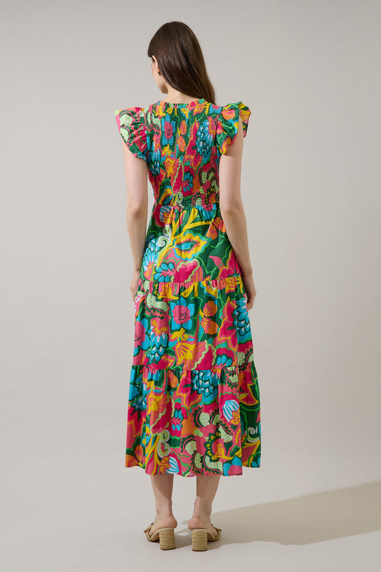 Lanai Multi Tropics Sunfire Smocked Bodice Tiered Midi Dress OMFORT