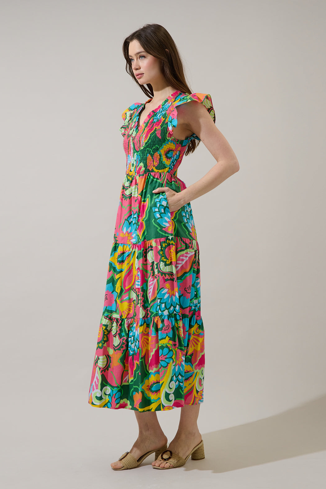 Lanai Multi Tropics Sunfire Smocked Bodice Tiered Midi Dress OMFORT