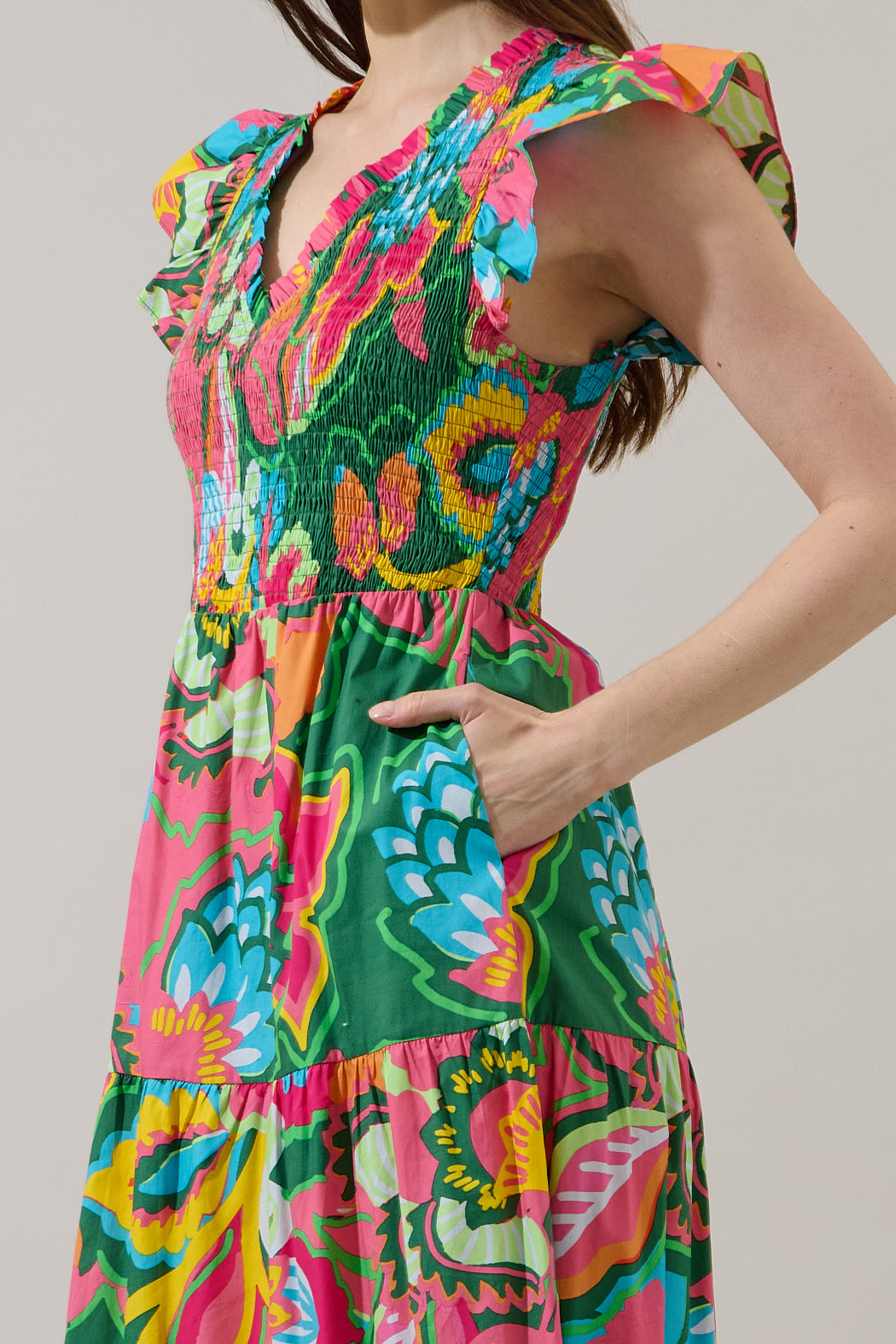 Lanai Multi Tropics Sunfire Smocked Bodice Tiered Midi Dress OMFORT