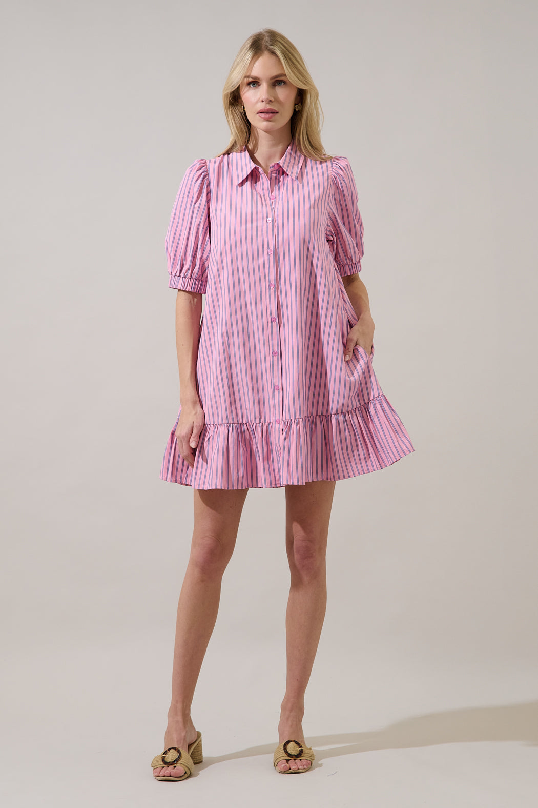 Marvia Striped Levy Button Down Shift Dress OMFORT