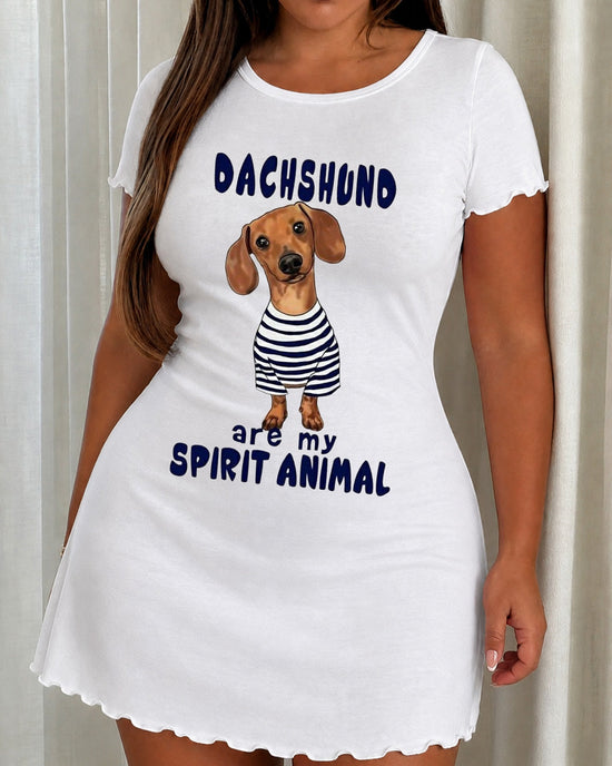 Dachshund Spirit Animal Print Lettuce Trim Nightdress OMFORT