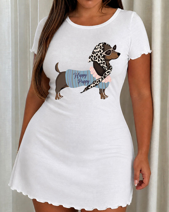 Fashion Dachshund with Leopard Scarf Short Sleeve Sleep Dress OMFORT