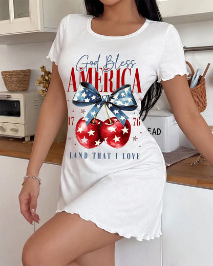 "God Bless America" Patriotic Cherry Print Nightdress OMFORT