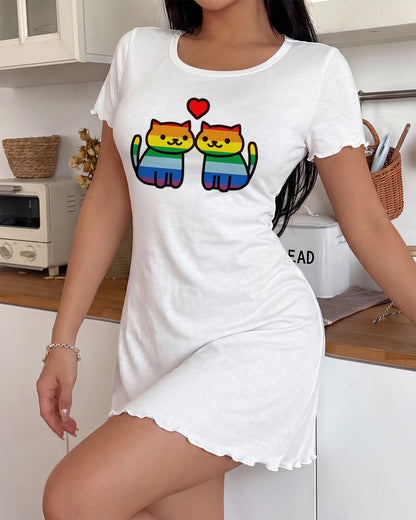 Rainbow Cats in Love Print Nightdress OMFORT