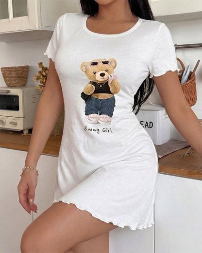 "Swag Girl" Selfie Bear Print Nightdress OMFORT