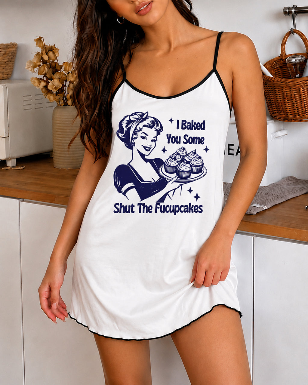 "I Baked You Some Shut The Fucupcakes" Retro Sassy Print Cami Nightdress OMFORT