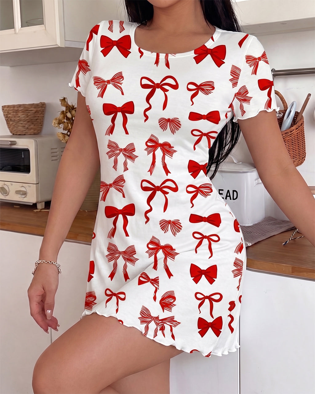 Red Bow Print Ruffle Trim Nightdress OMFORT