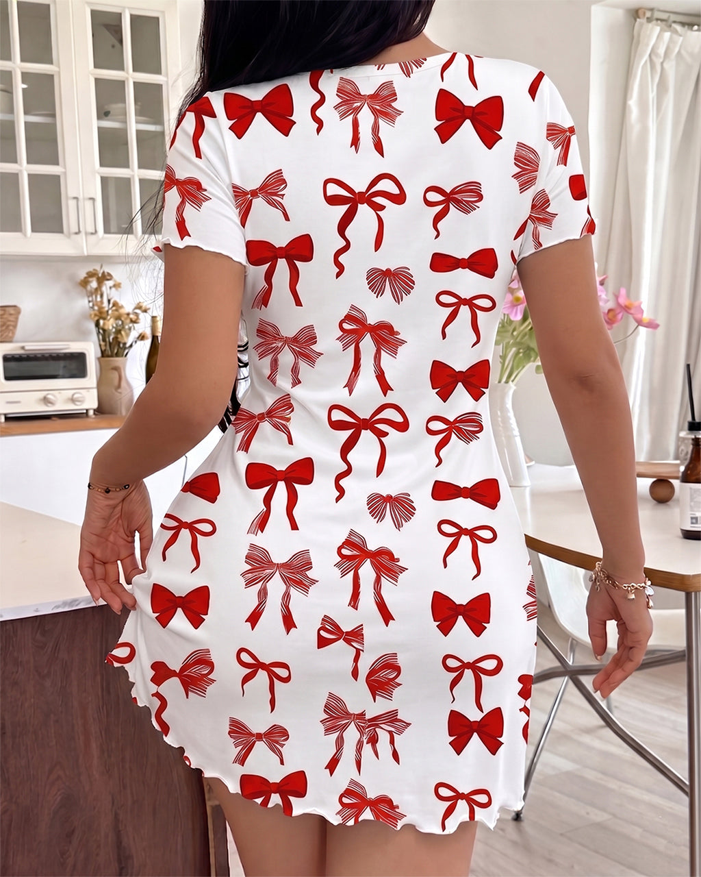 Red Bow Print Ruffle Trim Nightdress OMFORT
