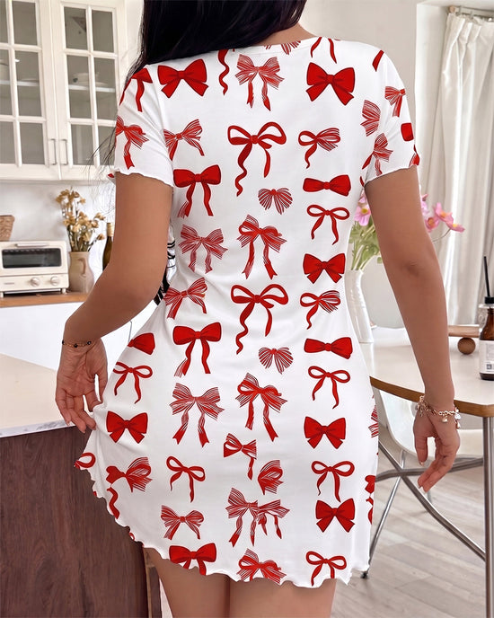 Red Bow Print Ruffle Trim Nightdress OMFORT