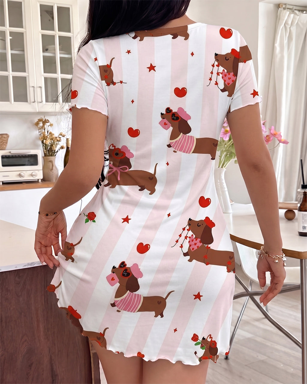 Cute Dachshund & Heart Print Striped Nightdress OMFORT