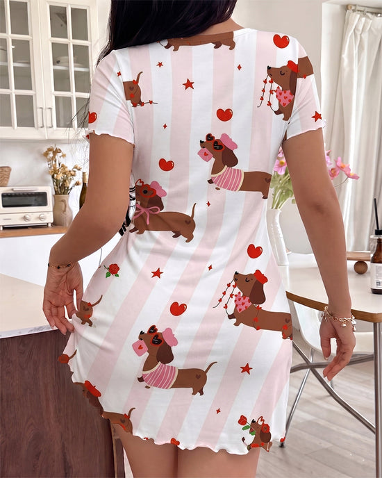 Cute Dachshund & Heart Print Striped Nightdress OMFORT