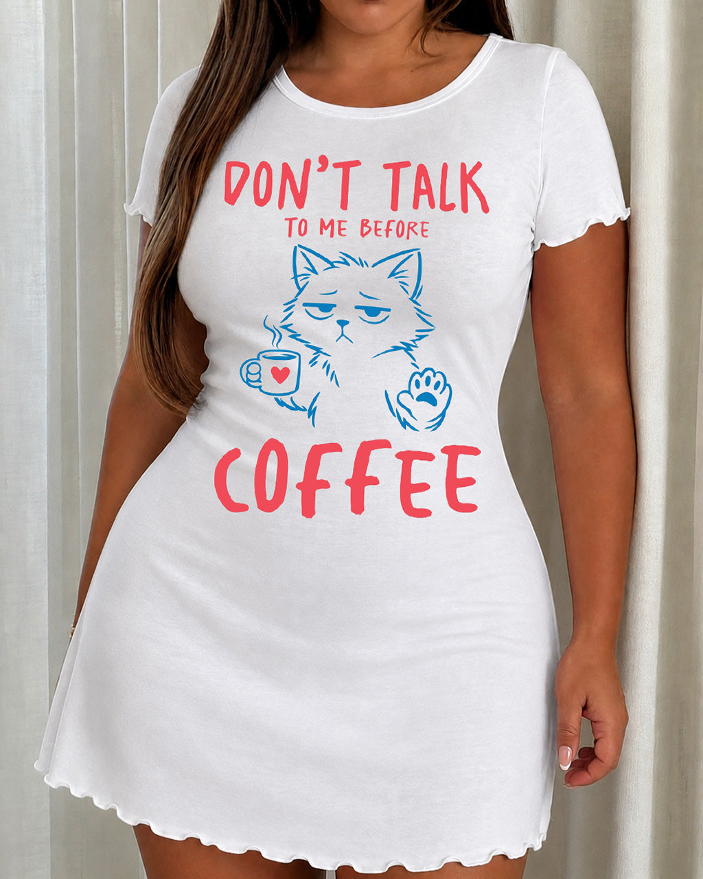 "Don't Talk To Me Before Coffee" Cat Print Nightdress (XS-5XL) OMFORT