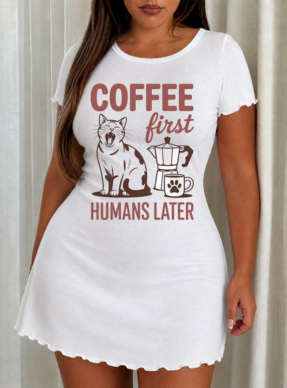 "Coffee First Humans Later" Cat Print Nightdress (XS-5XL) OMFORT