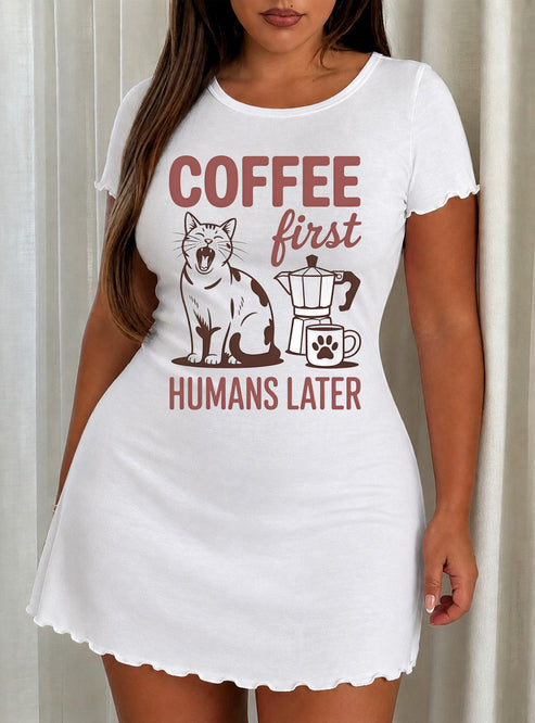 "Coffee First Humans Later" Cat Print Nightdress (XS-5XL) OMFORT