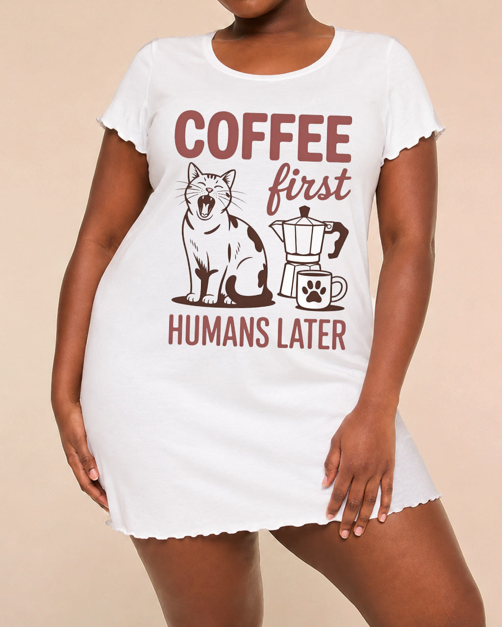 "Coffee First Humans Later" Cat Print Nightdress (XS-5XL) OMFORT