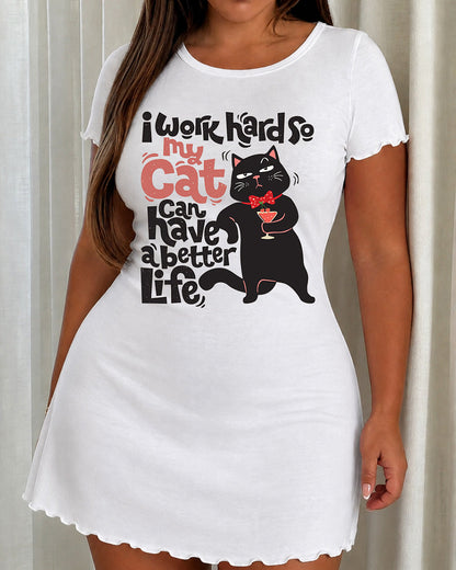 "I Work Hard For My Cat" Funny Cat Print Nightdress (XS-5XL) OMFORT
