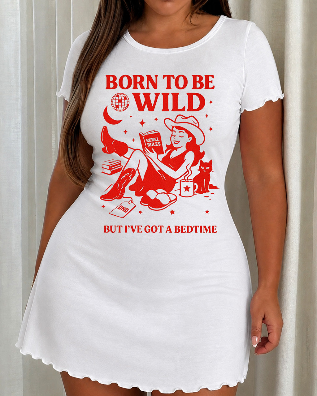 "Born To Be Wild But Bedtime" Retro Print Nightdress (XS-5XL) OMFORT