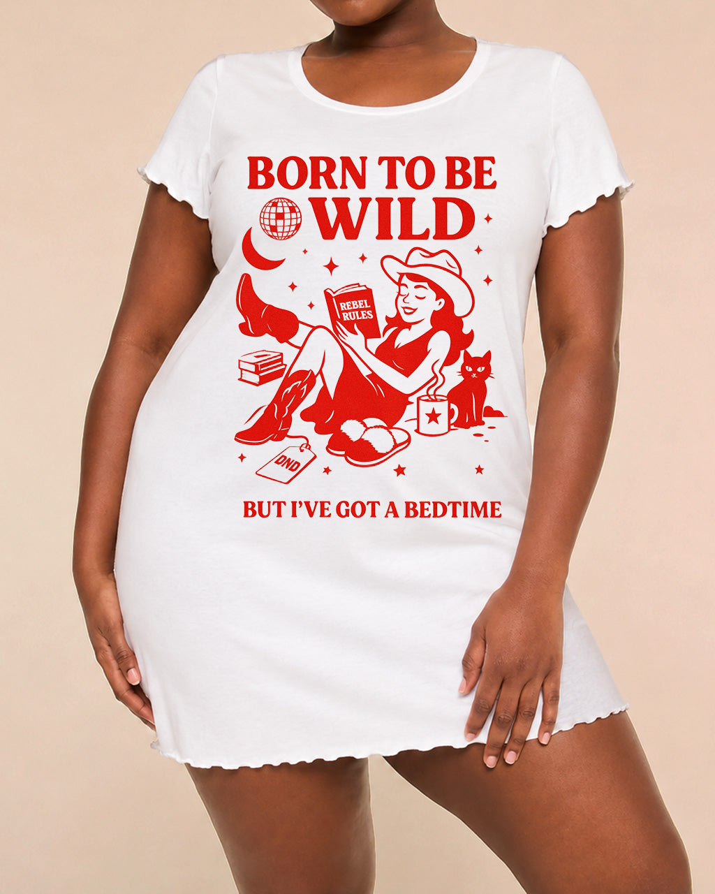 "Born To Be Wild But Bedtime" Retro Print Nightdress (XS-5XL) OMFORT