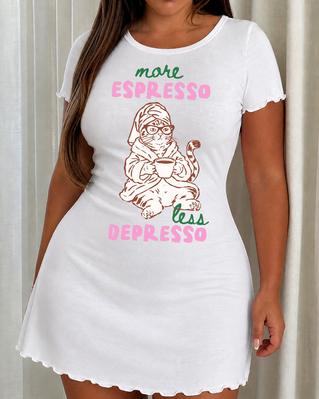 "More Espresso Less Depresso" Cat Print Nightdress (XS-5XL) OMFORT