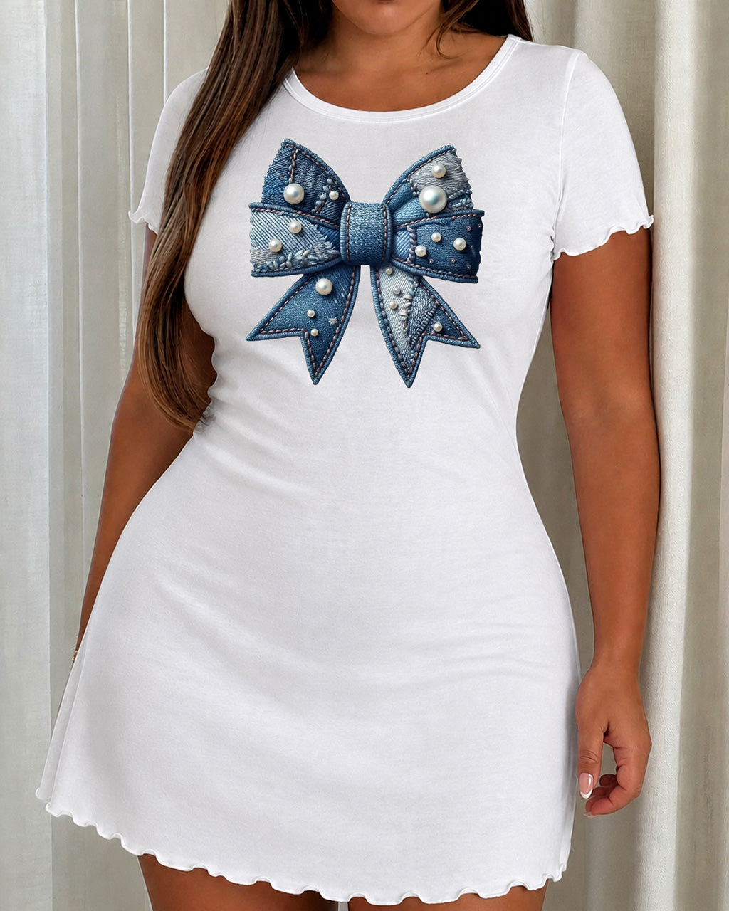 Denim Bow With Pearl Print Nightdress (XS-5XL) OMFORT