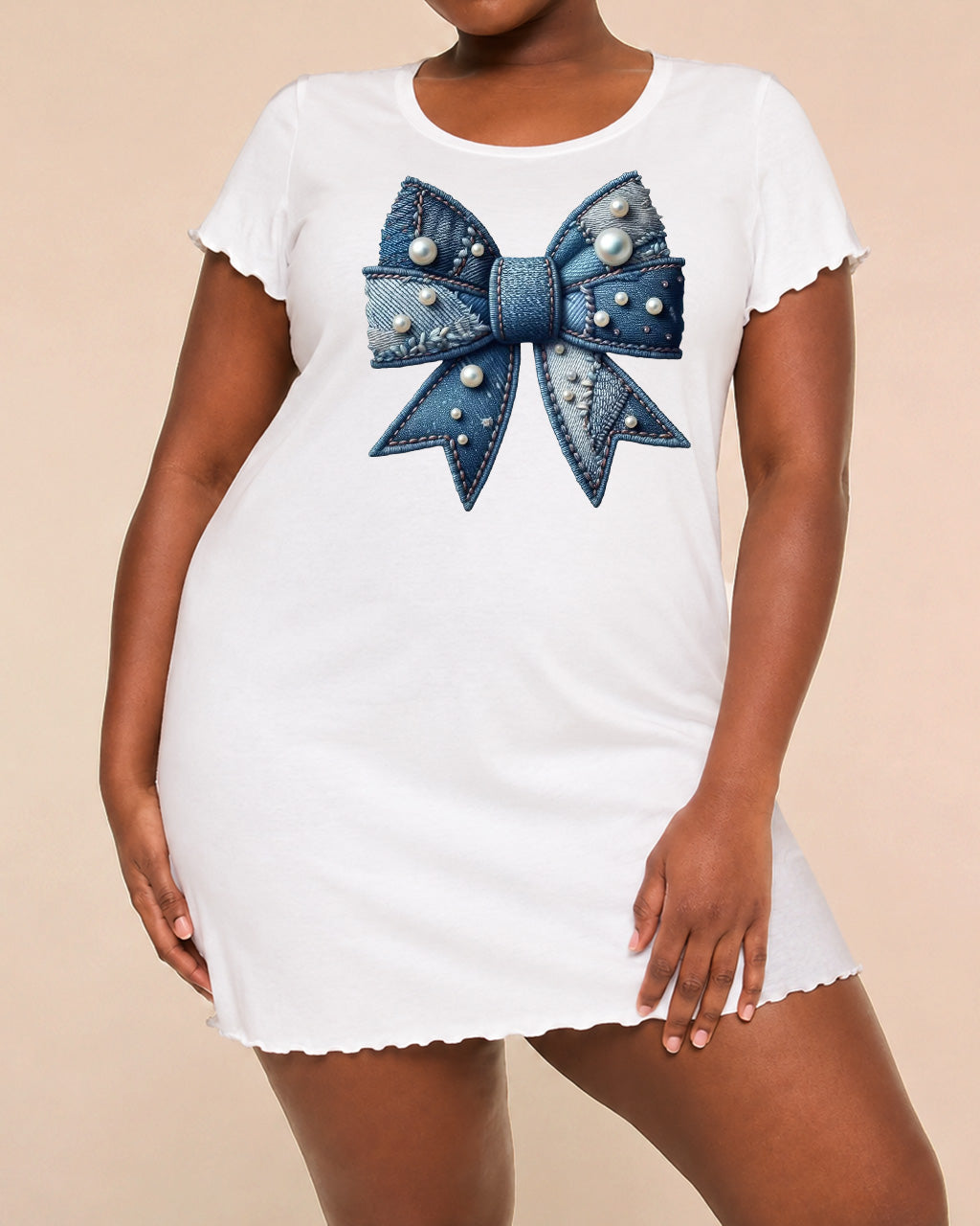 Denim Bow With Pearl Print Nightdress (XS-5XL) OMFORT