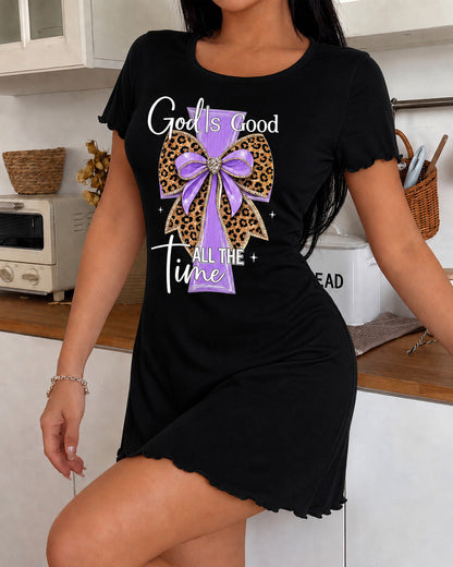 "God Is Good All The Time" Leopard Bow Cross Print Nightdress (XS-5XL) OMFORT